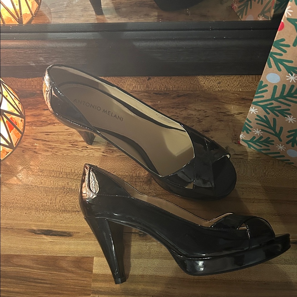 ANTONIO MELANI Glossy Black Peep-Toe Heels